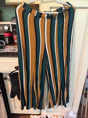 Free People Wide Leg Striped Trousers in Teal, Mustard & White